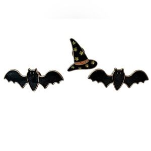 Halloween Enamel Pin Set Of 3, Bats And Witch Hat, Pins